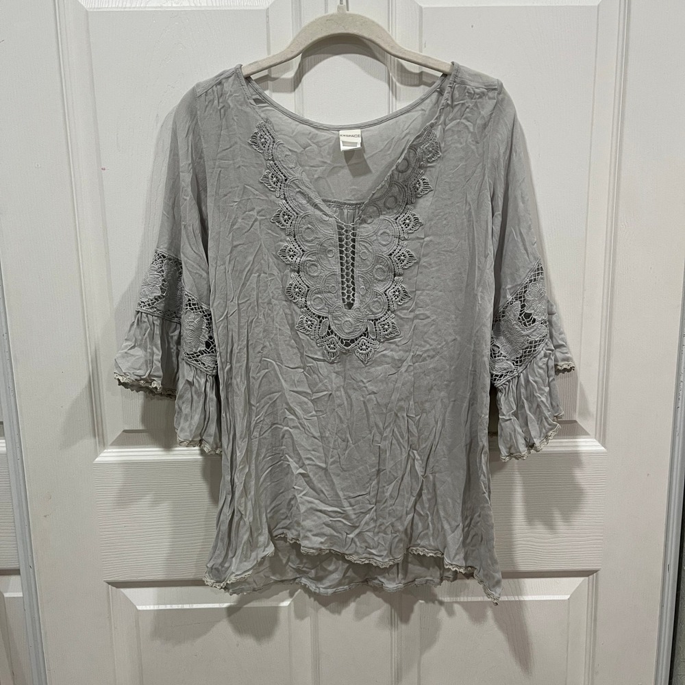 L Space Women's‎ Top, Crochet Lace Trim, Bell Sleeve, Tunic Blouse, Gray S